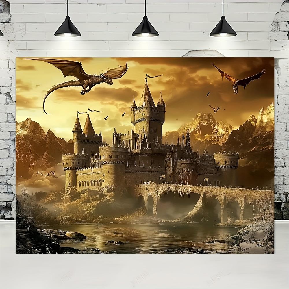 2D Plane, 1 Medieval Castle and Dragon Background Fabric, Suitable for Fantasy-themed Decoration, for Indoor and Outdoor Use