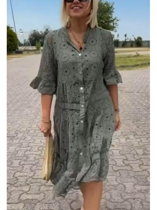 2024 Letní jednobarevné krajkové šaty s výstřihem do V a knoflíkovým zapínáním pro ženy