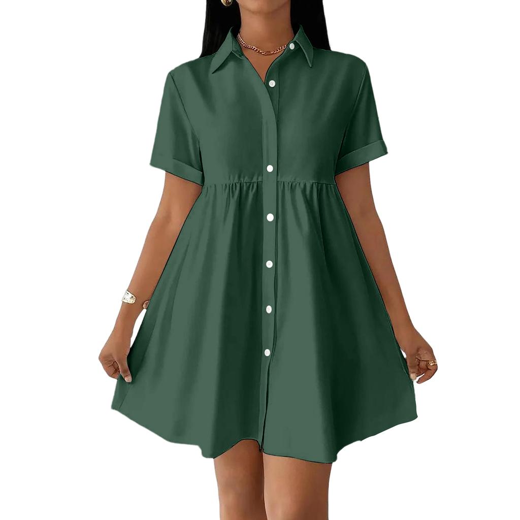 Women Short Sleeve Shirt Dress Button Down Collared Loose Fit Casual Mini Dress with Pockets Summer Style
