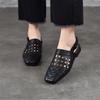 Johnature Real Leather Low Heel Sandals Woven Hollow Out Versatile Square Toe Commuting Women's Shoes