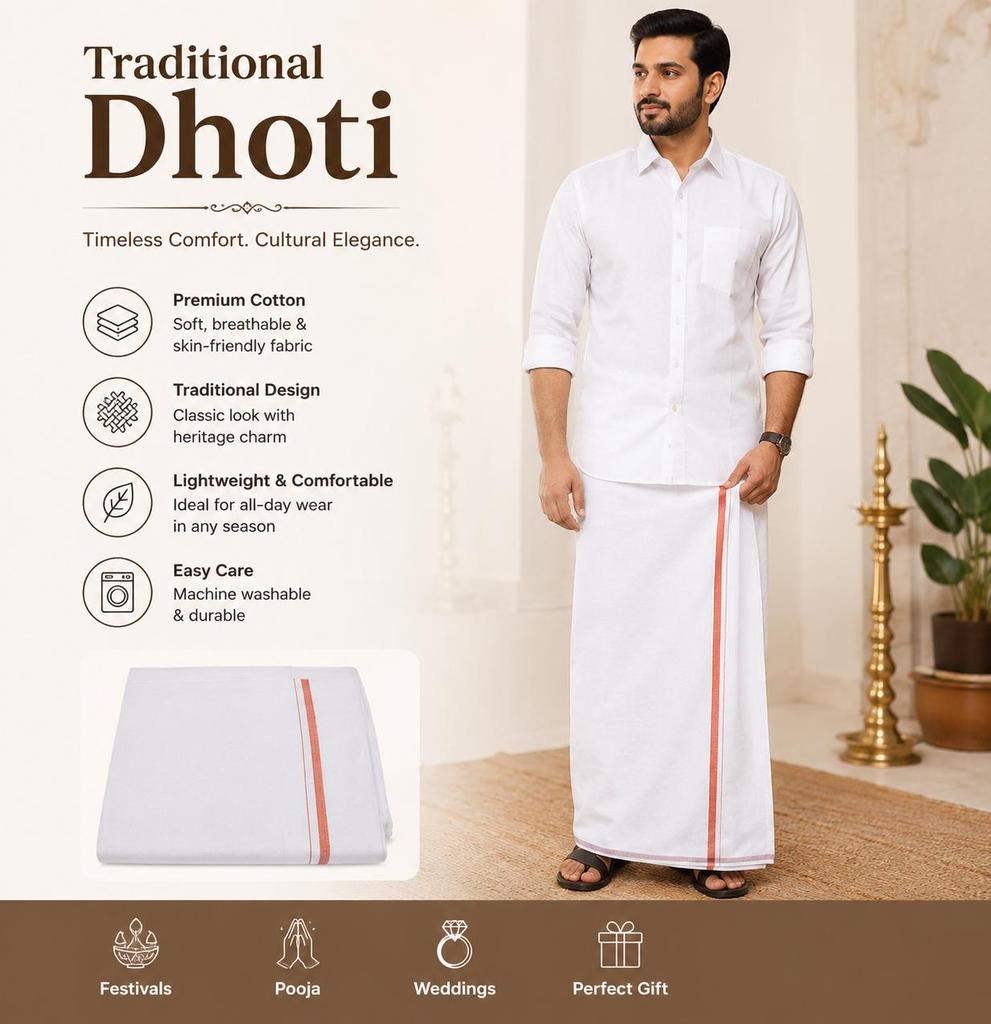 TreegoArt Fashion Cotton Dhoti's Full Length Mens Wear Single Piece Indian Traditional Puja Dhoti and Special Occasions - Pack Of 1