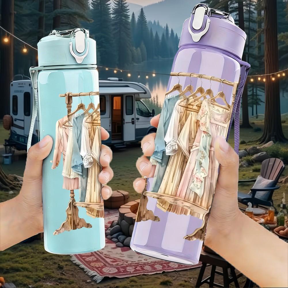 1PC Vintage Clothes Hanger Dress Pattern 750ml Color Plastic Sports Water Bottle Leakproof Flip Straw Lid Suitable for Sports Office Home Use