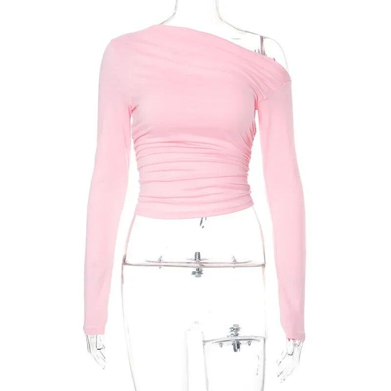 Podzimní jednobarevné tričko Móda Ženy Ležérní Skládaná košile s dlouhým rukávem Sexy topy Ženy Měkká trička Dámské oblečení 29847