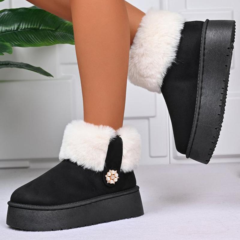 Fashion Black Faux Fur Warm Snow Boots for Women Round Toe Platform Snow Boots Woman Winter Pearls Decoration Ankle Booties Mujer
