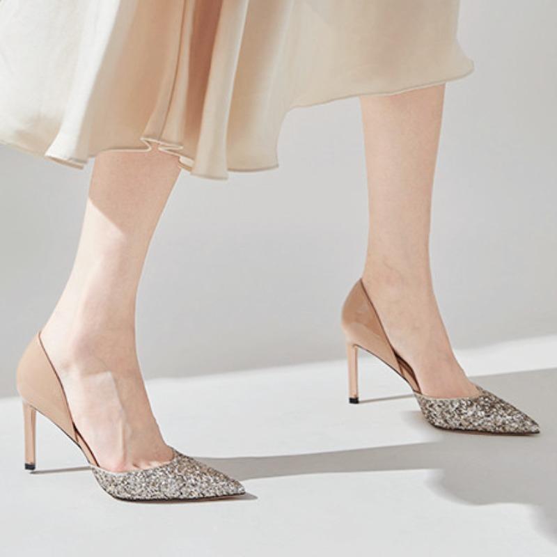 Talons Hauts Mode Femme Été Stilettos Sexy Bout Pointu Design de Marque Sandales à Talons Hauts Robe de Luxe Chaussures de Fête Brillantes pour Femmes