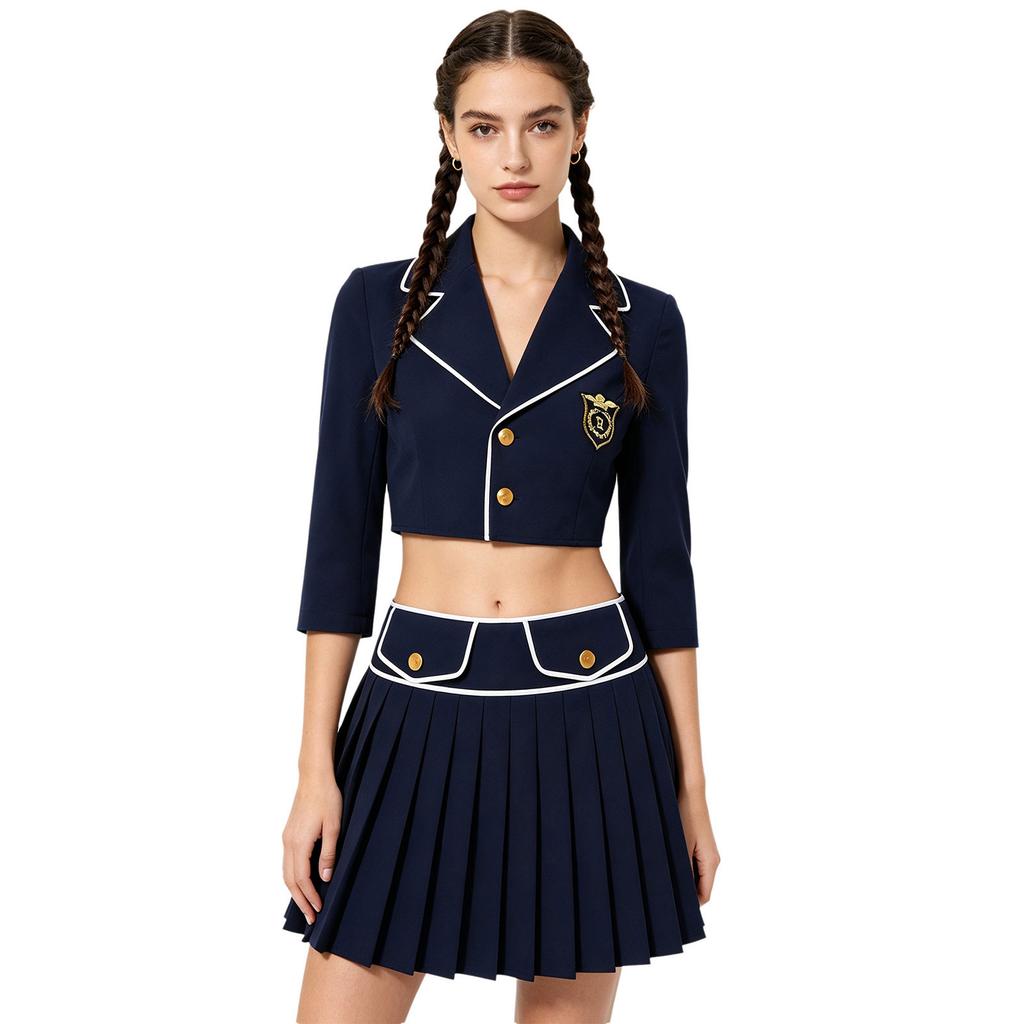 Women Halloween Cosplay Outfit Lapel Collar 3/4 Sleeve Cropped Blazer Jacket and Side Zip Skirt Set for Themed Party Stage