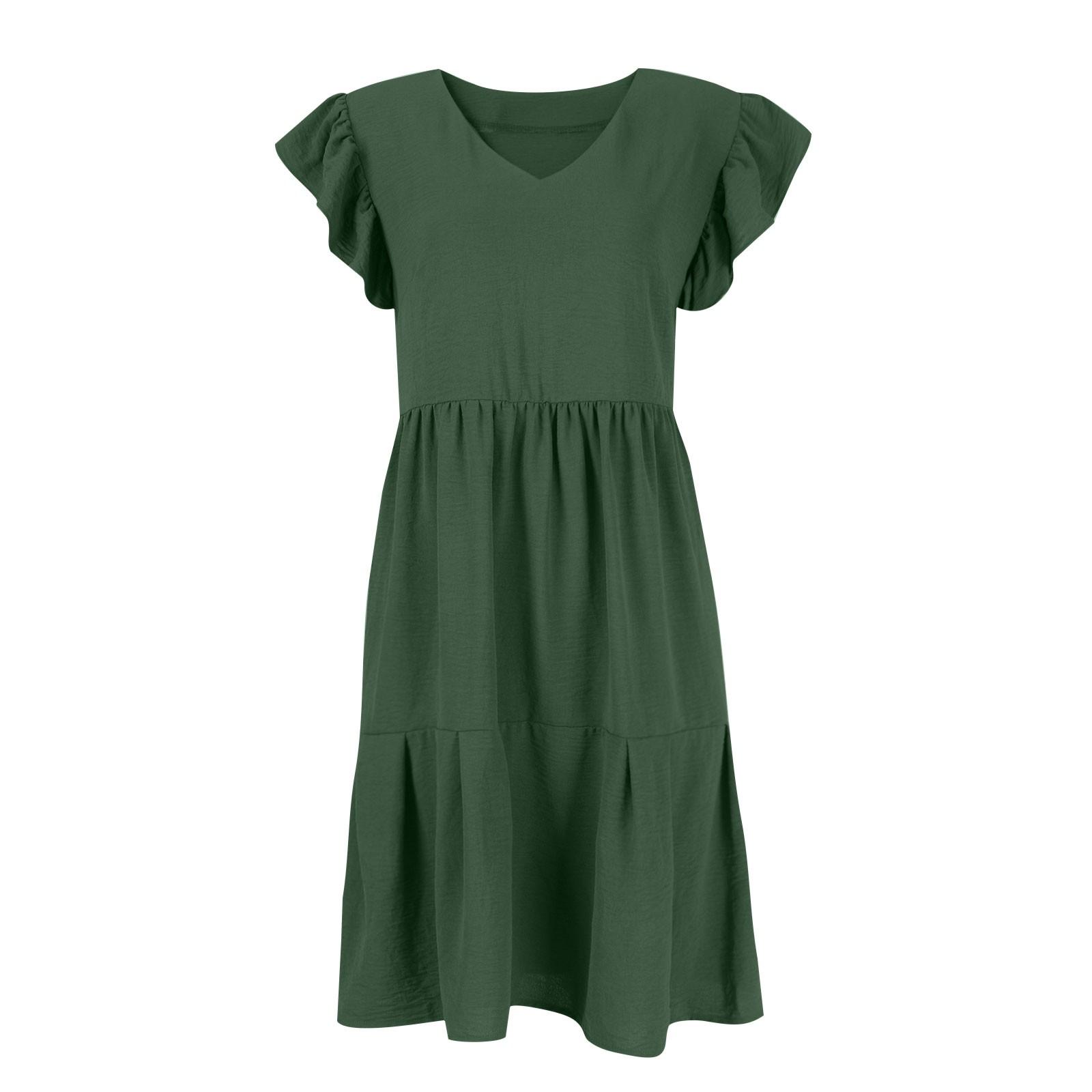 Женские летние повседневные однотонные платья с короткими рукавами и V-образным вырезом — фото 7