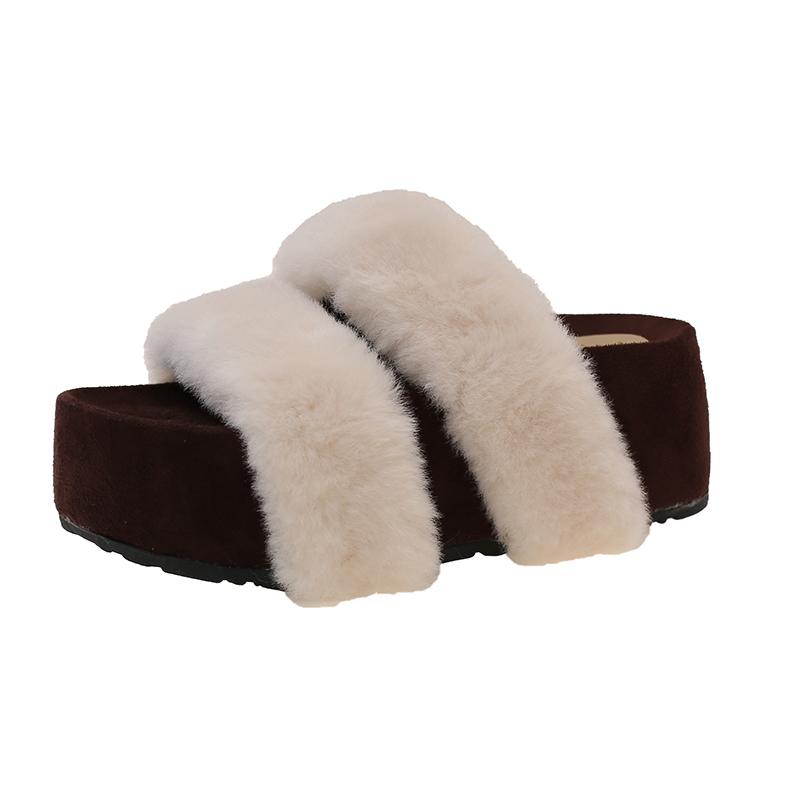 Women's Fashion Slippers Round Toe Platform Sole High Heels One-line Cotton Slippers Outdoor Fashion All-match Fleece Slippers