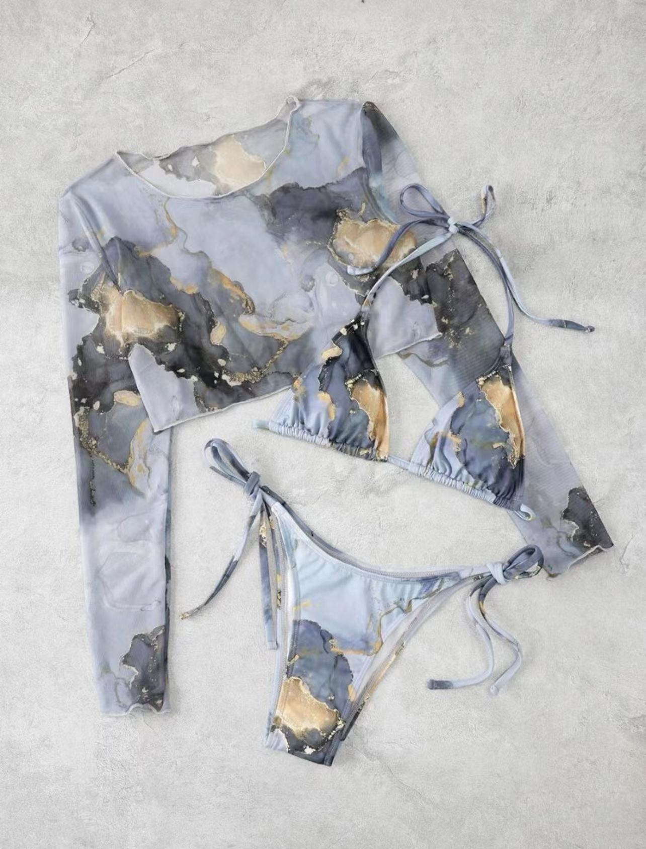 

3 предмета бикини с принтом 2023, женский купальник и топ с длинными рукавами, комплект купальников, женская пляжная одежда, купальный костюм, летний купальный костюм S