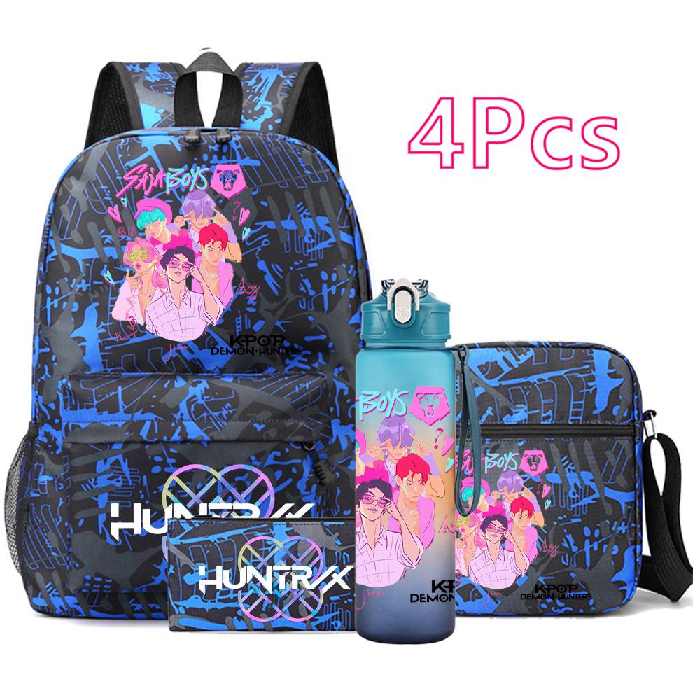 4Pcs/set Cartoon K-pop Printed Backpack Large Capacity Bookbag Shoulder Bag Case Bag with 750ml Water Bottler Boy Girl School Bag Kid Gift