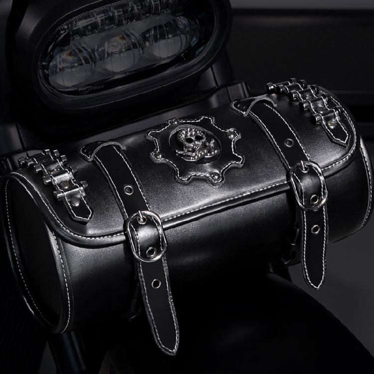 Front Fork Handlebar Bag Motorcycle Front Bag Tool Bag Skull Pattern Saddlebag PU Storage Pouch Motorbike Tool Bag