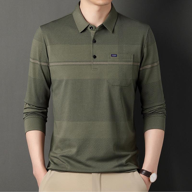 New Dad Wear Men's Lead Long-Sleeved T-shirt Men's Real Pocket Top Striped Men's Polo Shirt with Pockets