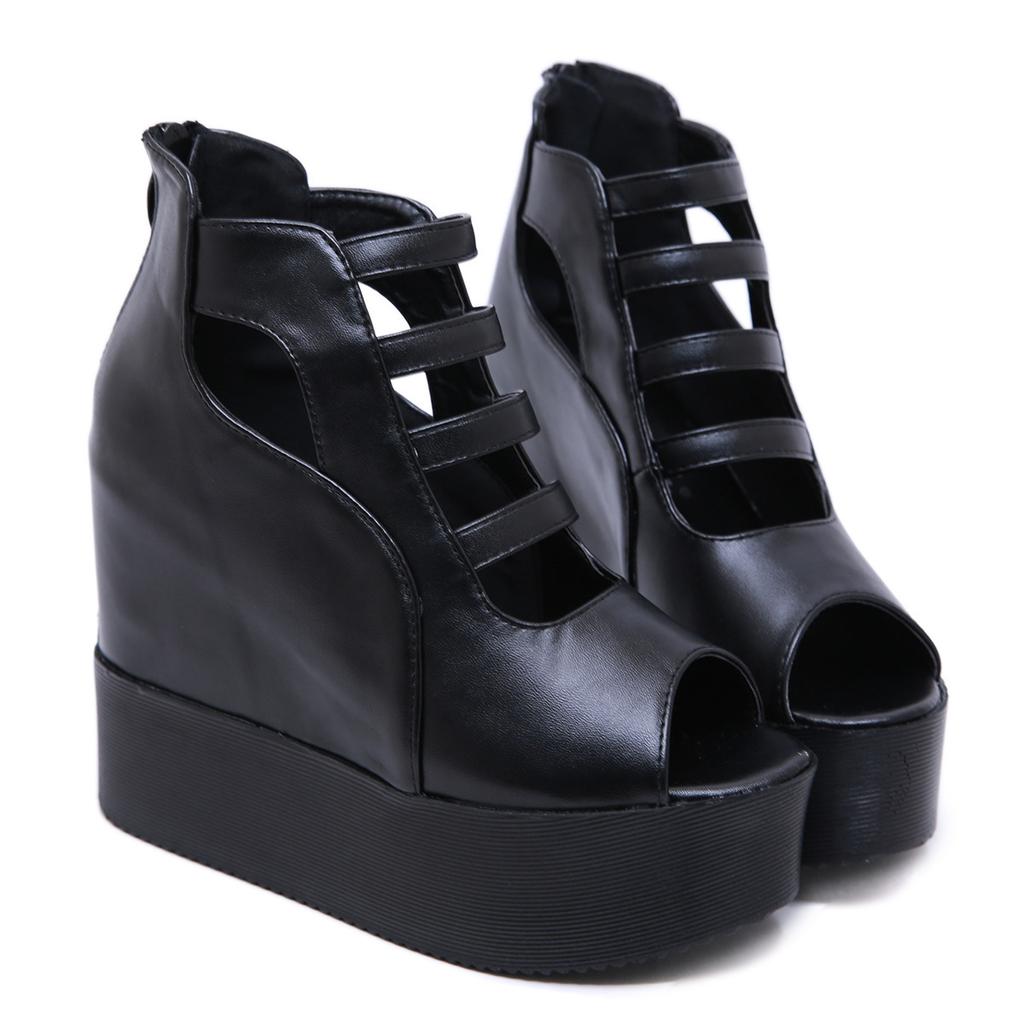 Neue koreanische Version von coolen Stiefeln mit Keilabsatz, ausgeschnitten, 11 cm Absatzhöhe, dicke Sohle, wasserdicht, Plateau-Sandalen, High Heels, Peeptoe, Damenschuhe