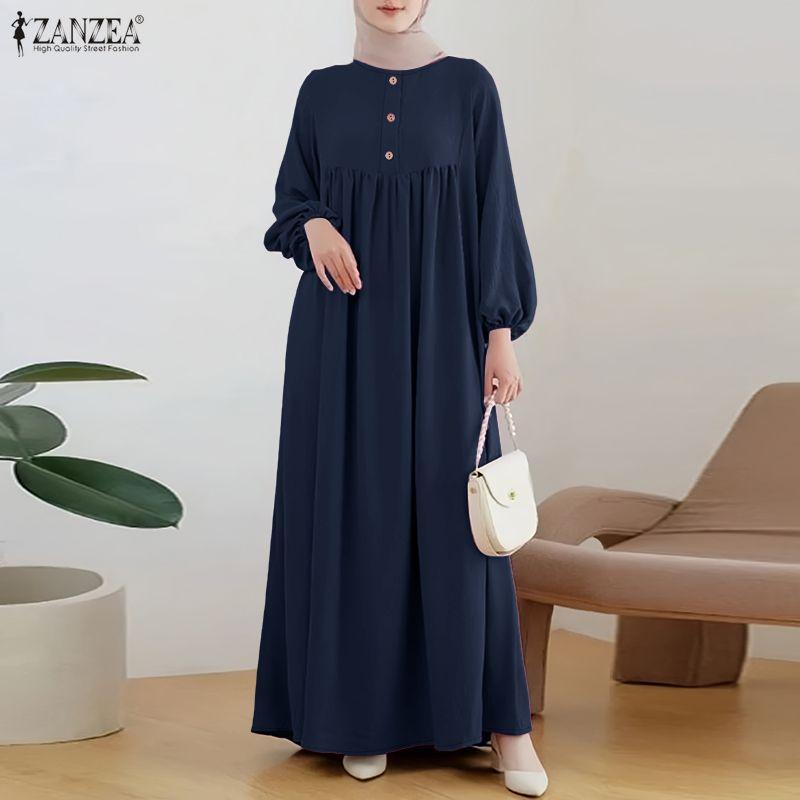 ZANZEA Women Casual Round Neck Solid Color Loose Long Sleeve Dress