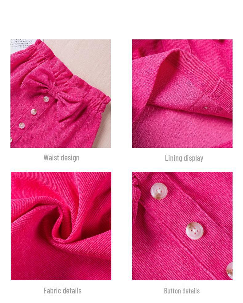 2024 Spring/Autumn Girls' Corduroy Bow Skirt - Solid Color, Single-Breasted, Fashionable.