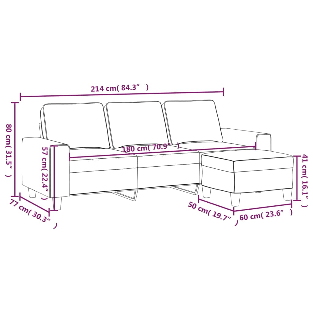 3 Seater Sofa with Ottoman Taupe 180 cm Fabric