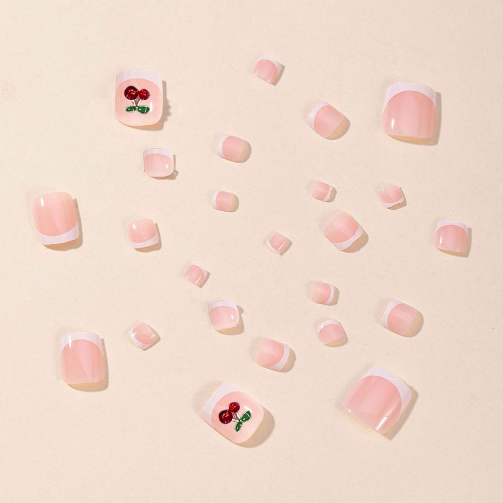 French Edge Rhinestone Red Cherry Fake Toe Nails 24 Pieces Per Box