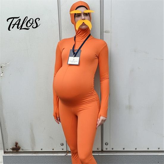 Skin Friendly Party Outfit Orange Full Bodysuit for Kids Adults, with Belly, Yellow Mustache & Eyebrows, Halloween Jumpsuits Men Women Open