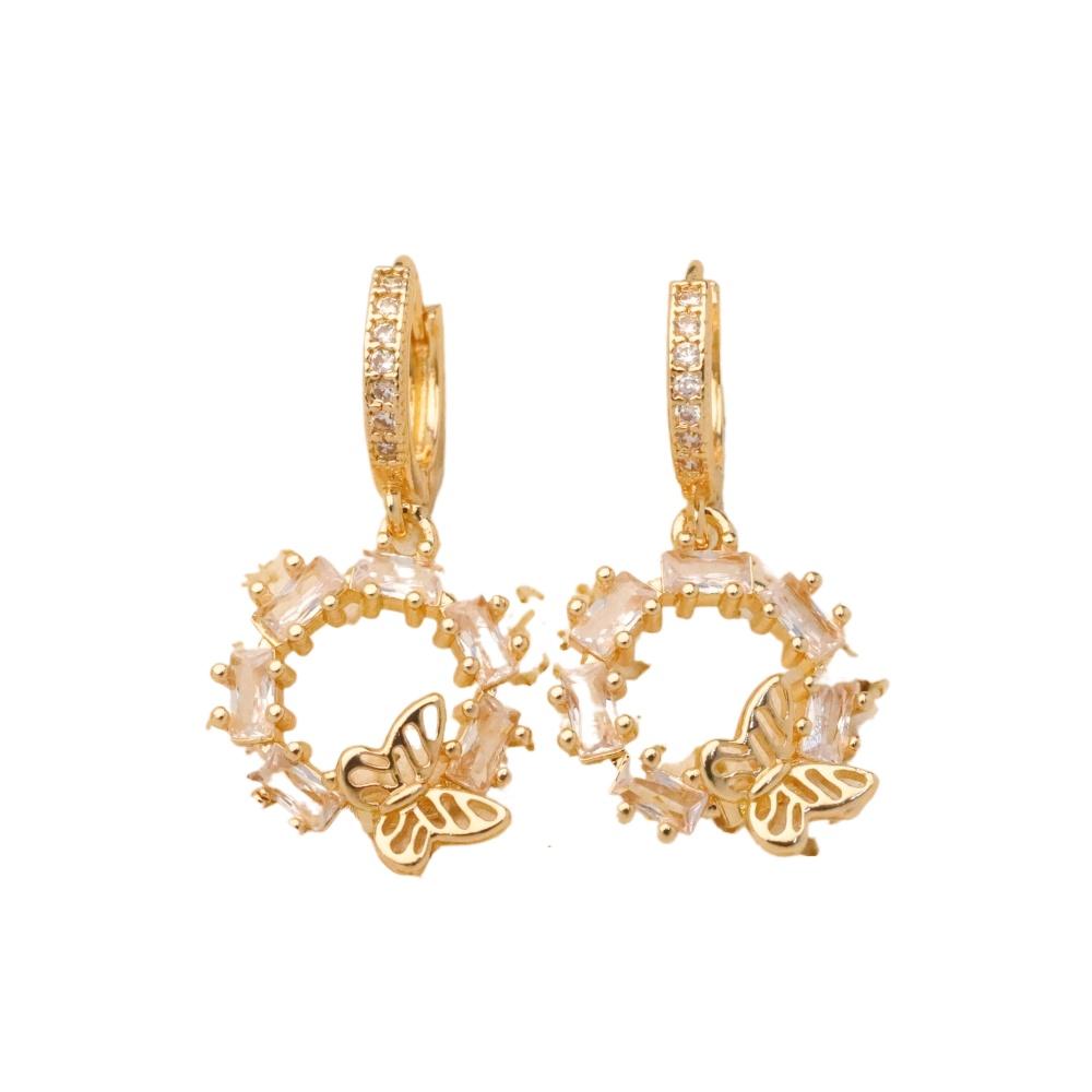 1 Pair Luxury Round Zirconia with Butterfly Dangle Earrings for Women Golden Earring Jewelry Wedding Party Accessories
