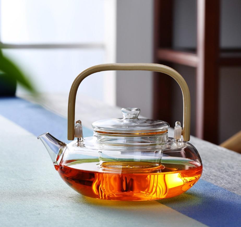 Heat-resistant Glass Coffee Pot  Natural Bamboo Handle Built-in Glass Filter Household Tea Set Pot Can Be Heated 800ml 1000ml