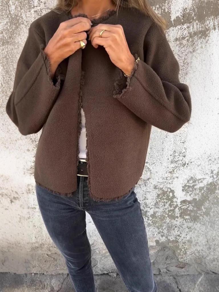 Women's 2025 Fashion Crew Neck Long Sleeve Woolen Coat