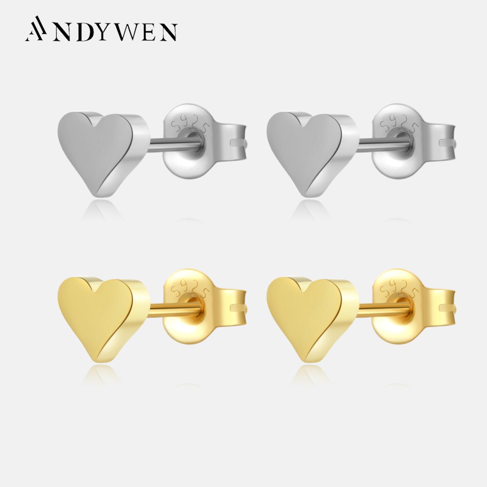 

ANDYWEN, стерлингового серебра 925 пробы, золотого сердца, однотонные серьги-гвоздики в форме сердца, женские клипсы, пирсинг Pendiente, ювелирные изделия