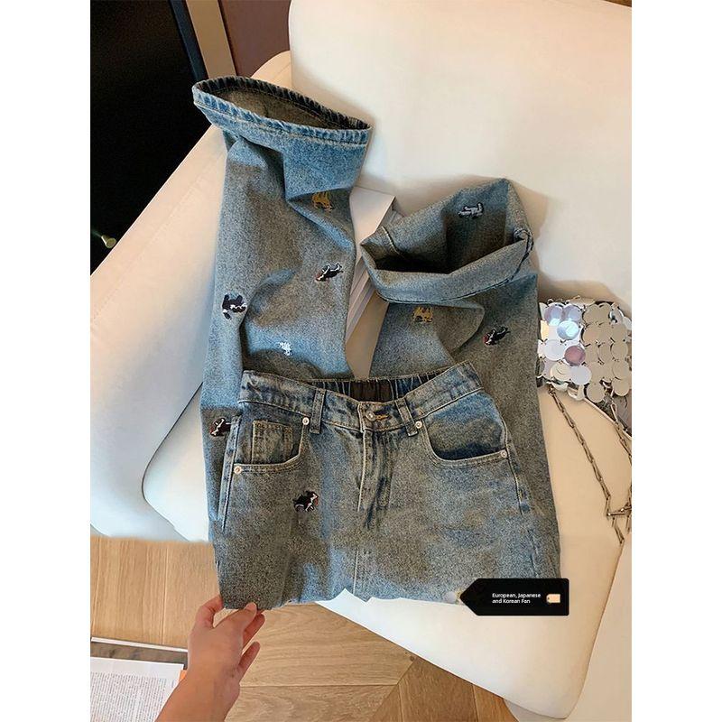 

Plus Size Stylish Fun Puppy Embroider Denim Female 2025 Summer New Arrival Retro Loose Figure Flattering Mopping Pants Nostalgic Blue M