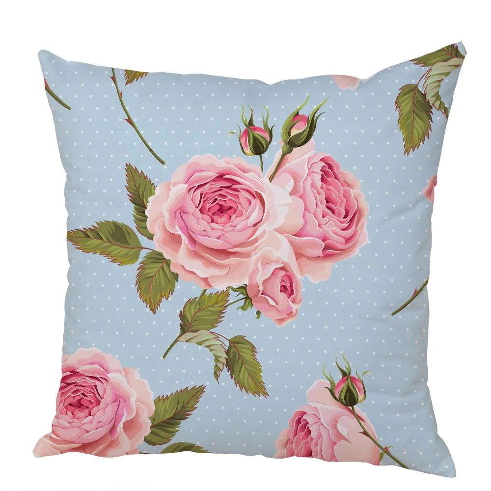 Nordic Style Rose Flower and Birds Pillow Case Cushion Cover for Car Peach Skin Decor Flower Plant Animal Throw Pillowcase
