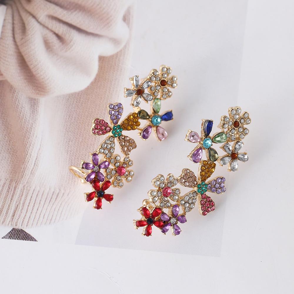 Dopamine Colorful Rhinestone Flower Ear Cuff - High-End Luxury Earrings with Unique Design