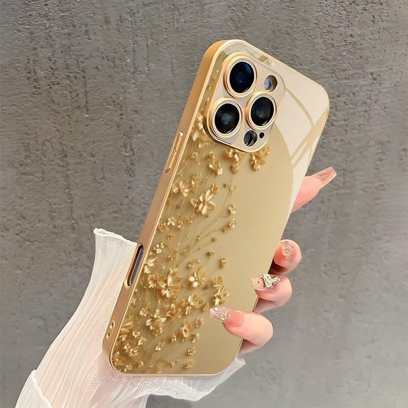 Elegante Fiore Dorato Vernice Metallica Oro Custodia in Vetro per Telefono Per iPhone 17 16 15 14 13 12 11 Pro Max 15 14 Plus 17 Air 16E Copertura