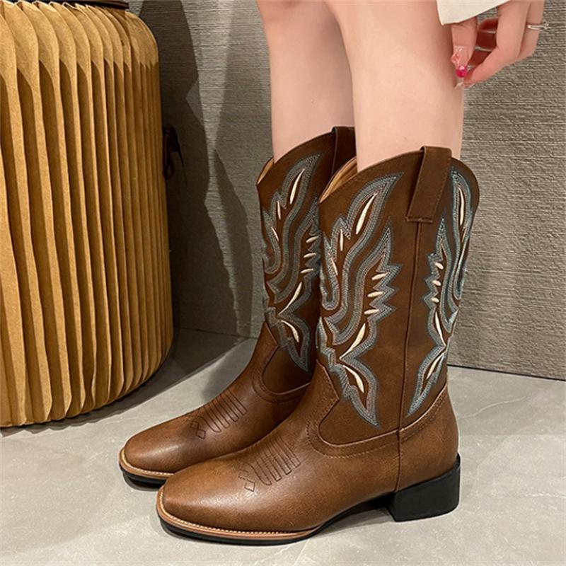 New Women Coffee Brown Embroidery Boots PU Leather Printed Western Cowboy Boots Deep V-mouth High Tube Casual Boots Classic