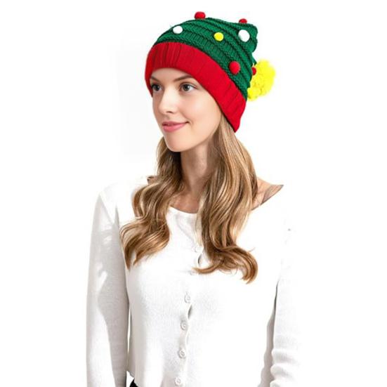 Christmas Knitting Hat Red Green Patchwork Color Knitted Wool Ball Decoration Holiday Hat Festive Party Wear