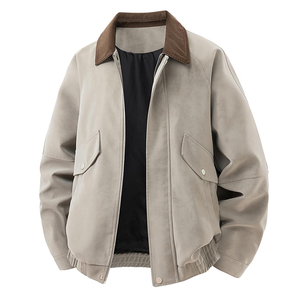 New PU leather jacket men's American retro tooling style spring and autumn loose casual high street lapel jacket