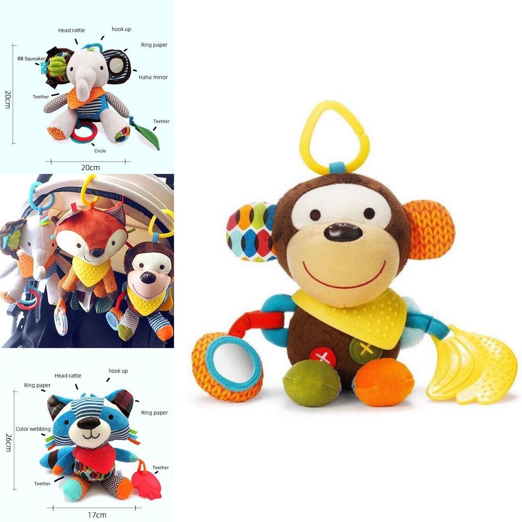 Weiches und buntes Plüschtier für Babys mit verschiedenen Texturen und Beißring für sensorisches Spiel
