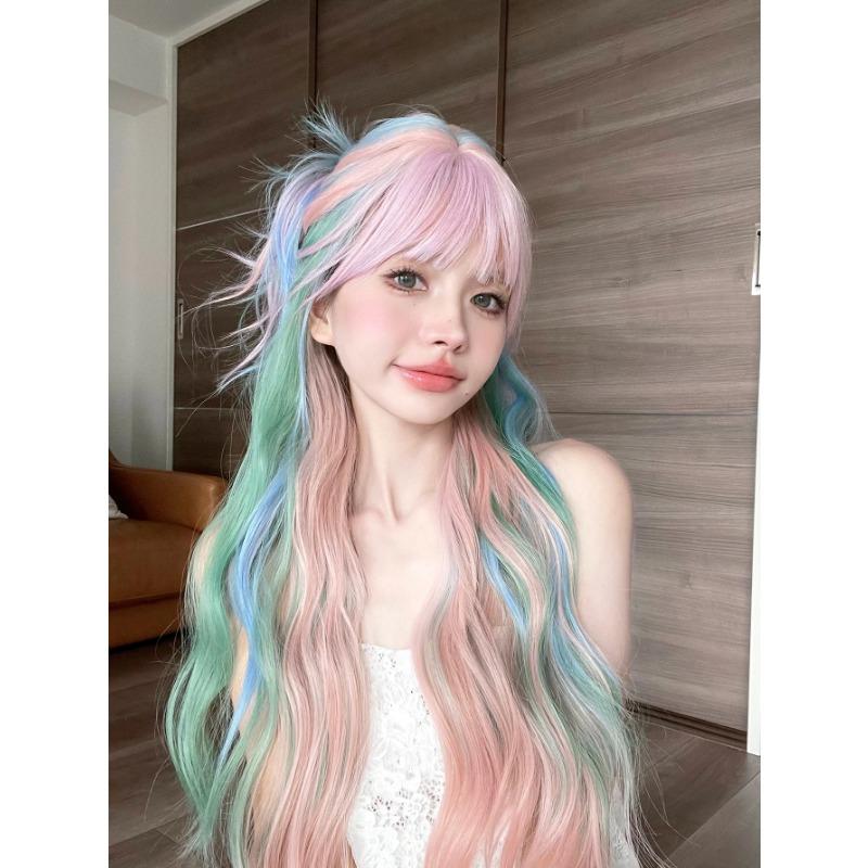 28Inch Iridescent Rainbow Color Multicolour Synthetic Wigs with Bang Long Natural Wavy Hair Wig for Women Cosplay Heat Resistant