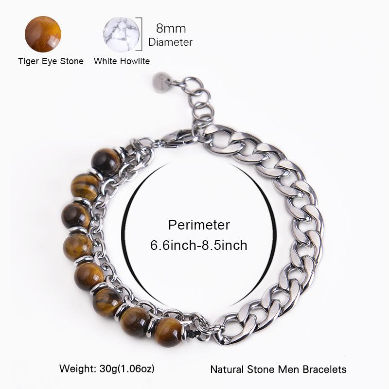 Meier Stainless Steel Men's Bracelet, Double-layer Tiger's Eye Stone Bracelet, Natural Stone Beaded Chain Bracelet