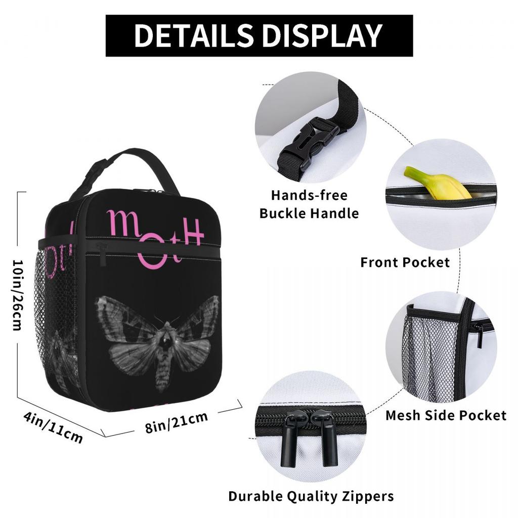 GothMoth Themed Artwork Print Insulated Lunch Bag for Women Kids Leakproof Food Boxes Thermal Lunch Box Tote