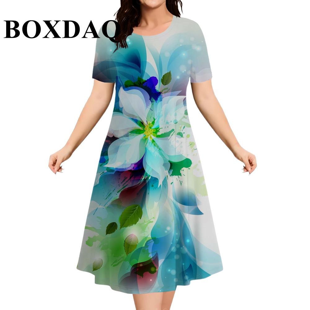 2026 New Women Dresses Fashion Plus Size Summer Flower 3D Print Short Sleeve Dress Casual Tie Dye Loose A-Line Dress Streetwear