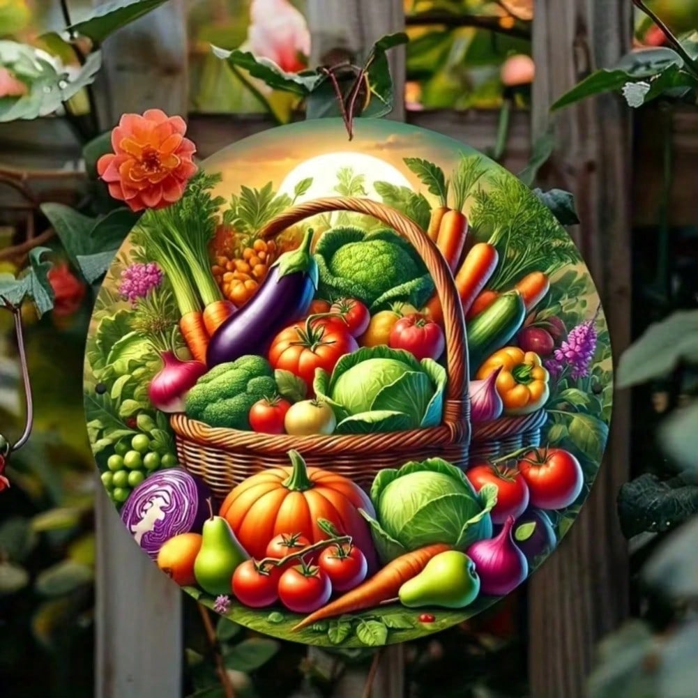 Vintage 2D Metal Sign Vegetable Basket Art For Kitchen Wall Decor