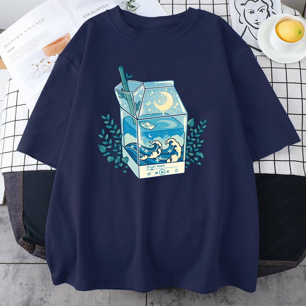 Milk Box Moonlight Waves Prints Man Cotton Clothing Creativity Casual Crewneck T-Shirts Mens Short Sleeve