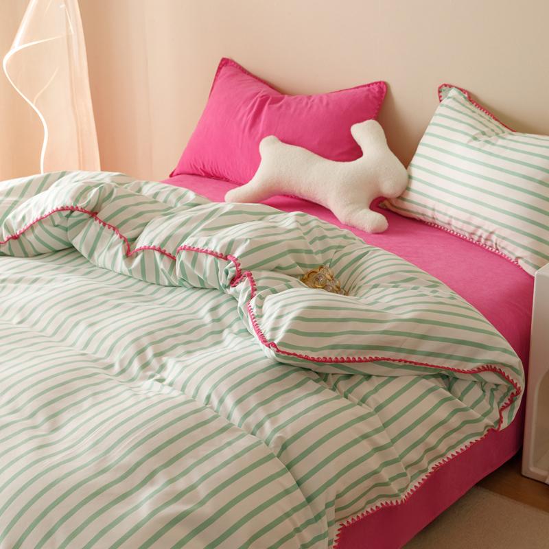 Ins Girls Green Striped Bedding Set Solid Color Soft Washed Cotton Bed Sheet Queen King Size Duvet Cover Set With Pillowcase