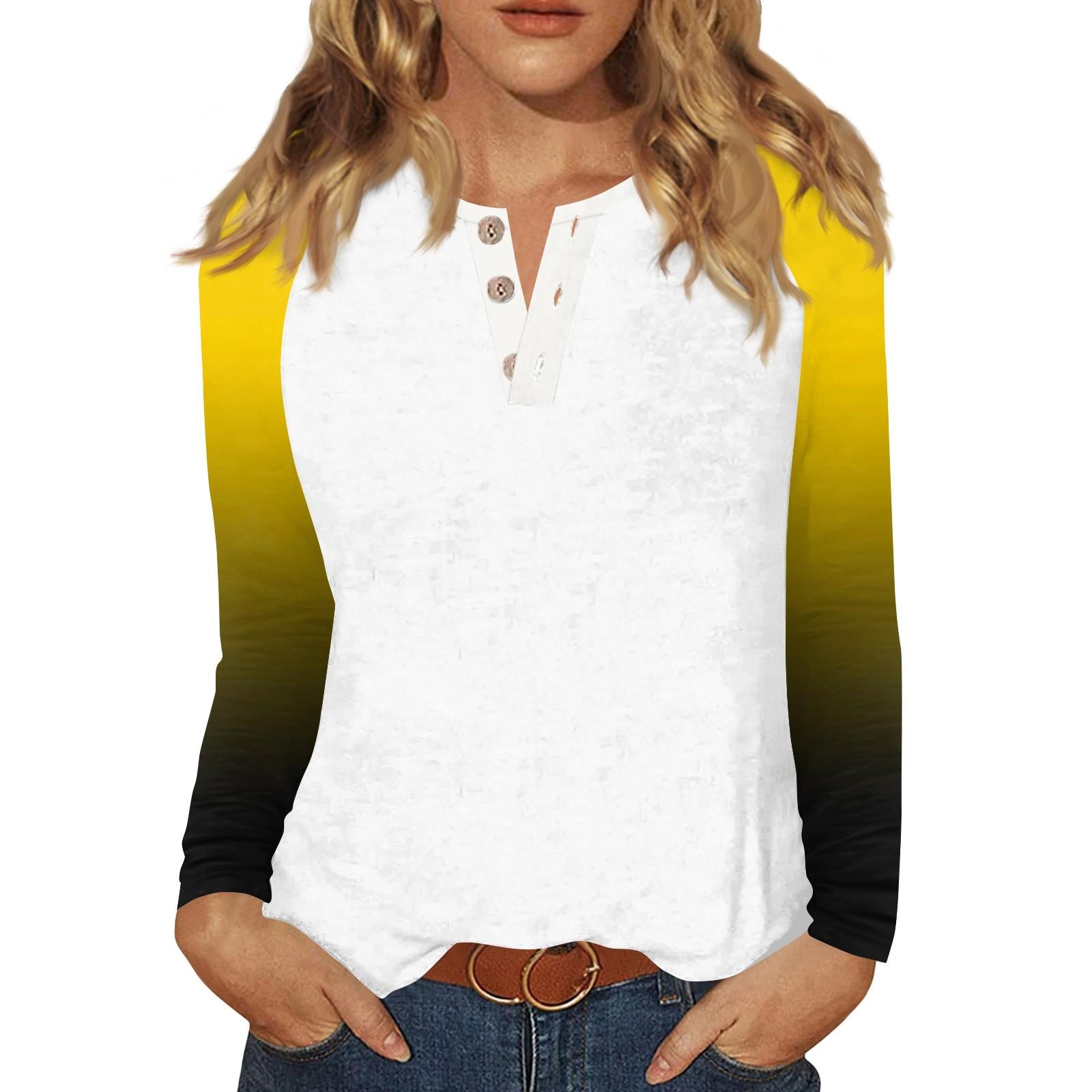 

Женская футболка с принтом, на пуговицах, с длинным рукавом, повседневная, для выходных, модная, базовая, с V-образным вырезом, обычный топ XL