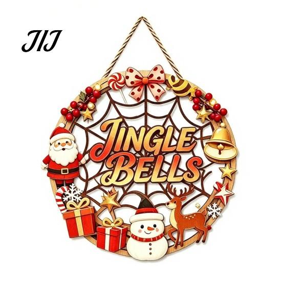 Poplar Wood Decor Christmas Door Sign, Double Sided Hanging Wooden Plaque for Front Door, Rustic Holiday Wall Decoration Indoor Outdoor Seasonal Party