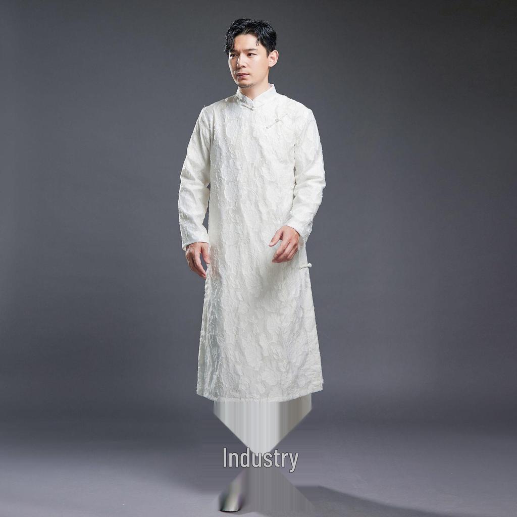 Męska Retro Etniczna Stójka Żabie Guziki Długa Szata Szlafrok