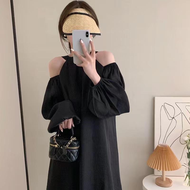 Women's Off-Shoulder Halter Neck White A-Line Dress - Autumn 2025 Fashion