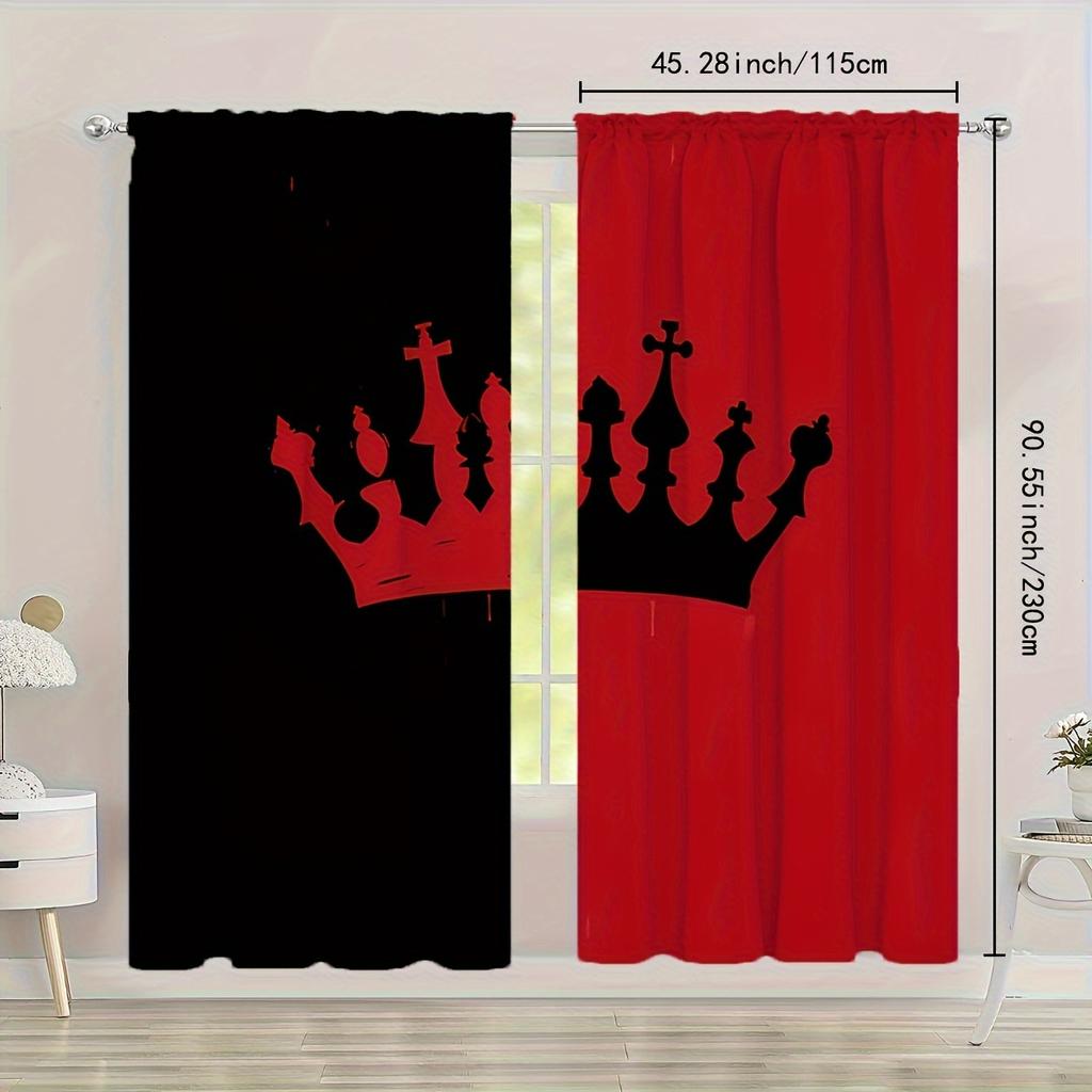 2pcs Red & Black Crown Print Curtains – For Bedroom   Living Room & Kitchen Home Decor
