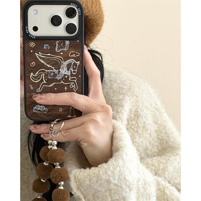 Premium Brown Velvet Angel Horse Case for iPhone 17, 16 Pro Max, 15, 14