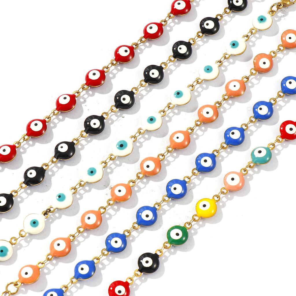 Evil Eye Double-sided Enamel Bracelets 304 Stainless Steel Handmade Link Chain Religious Retro Gift Jewelry 16.5cm(6 4/8") long