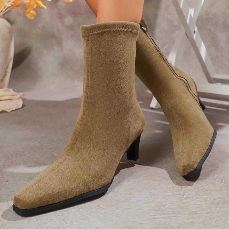 Fashion Short Thigh Boots Women's Fashion Square Toe Suede Side Zipper Non-Slip Wear-Resistant Slim Follower Boots