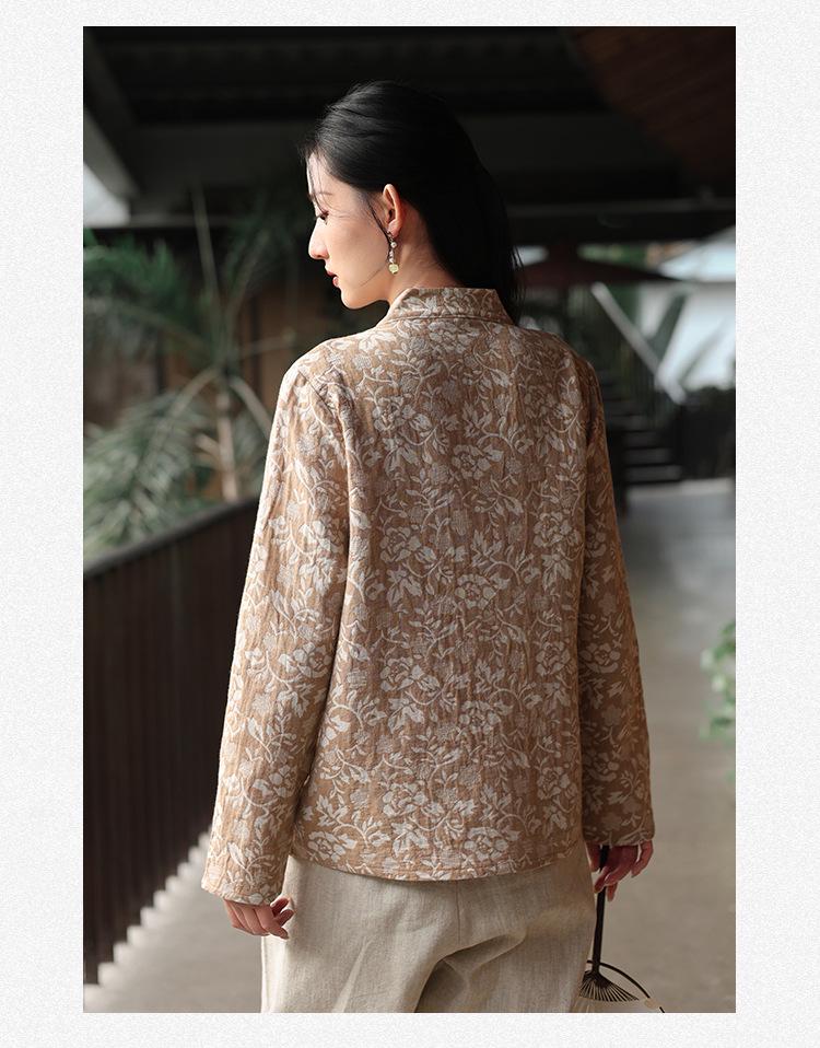 Deer and Andi 2026 Spring Women's Retro Printed Chinese-Style Oblique Lapel Tie-Up Top